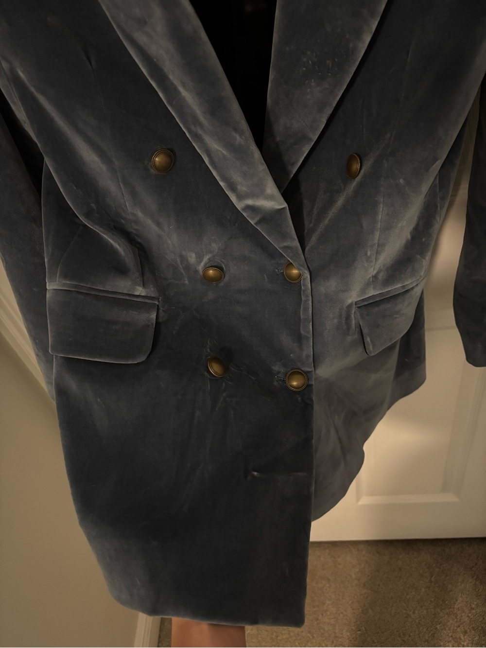 FRAME Double-Breasted Cotton-Blend Velvet Blazer Blue with Gold Accents Size 6 - Picture 8 of 15